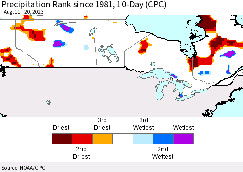Canada Precipitation Rank since 1981, 10-Day (CPC) Thematic Map For 8/11/2023 - 8/20/2023
