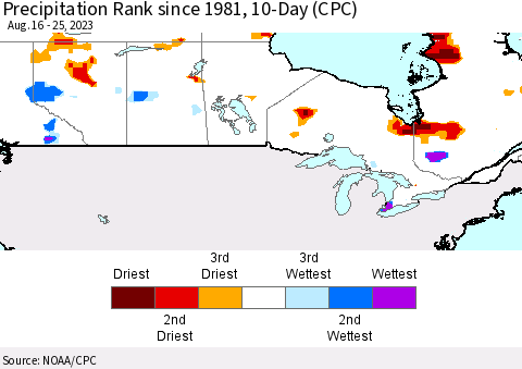 Canada Precipitation Rank since 1981, 10-Day (CPC) Thematic Map For 8/16/2023 - 8/25/2023