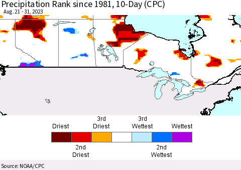 Canada Precipitation Rank since 1981, 10-Day (CPC) Thematic Map For 8/21/2023 - 8/31/2023