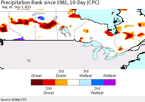 Canada Precipitation Rank since 1981, 10-Day (CPC) Thematic Map For 8/26/2023 - 9/5/2023