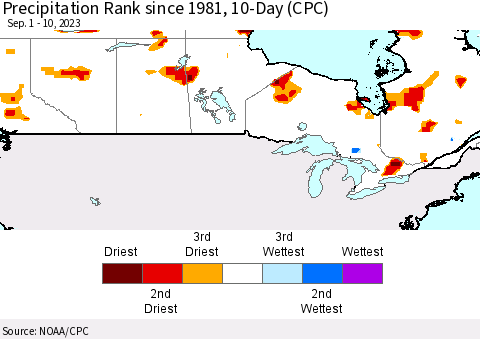 Canada Precipitation Rank since 1981, 10-Day (CPC) Thematic Map For 9/1/2023 - 9/10/2023