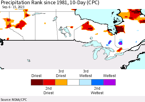 Canada Precipitation Rank since 1981, 10-Day (CPC) Thematic Map For 9/6/2023 - 9/15/2023