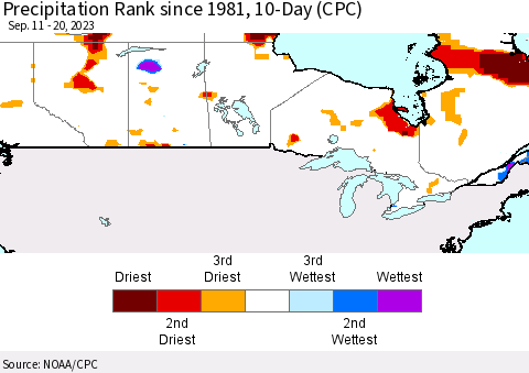 Canada Precipitation Rank since 1981, 10-Day (CPC) Thematic Map For 9/11/2023 - 9/20/2023