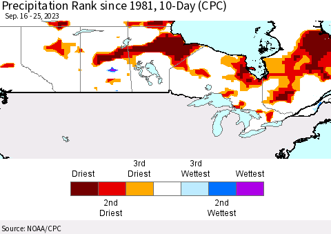 Canada Precipitation Rank since 1981, 10-Day (CPC) Thematic Map For 9/16/2023 - 9/25/2023