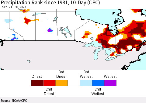 Canada Precipitation Rank since 1981, 10-Day (CPC) Thematic Map For 9/21/2023 - 9/30/2023