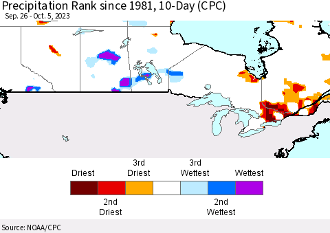 Canada Precipitation Rank since 1981, 10-Day (CPC) Thematic Map For 9/26/2023 - 10/5/2023