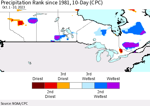 Canada Precipitation Rank since 1981, 10-Day (CPC) Thematic Map For 10/1/2023 - 10/10/2023