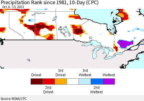 Canada Precipitation Rank since 1981, 10-Day (CPC) Thematic Map For 10/6/2023 - 10/15/2023