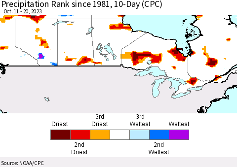 Canada Precipitation Rank since 1981, 10-Day (CPC) Thematic Map For 10/11/2023 - 10/20/2023