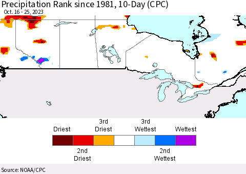Canada Precipitation Rank since 1981, 10-Day (CPC) Thematic Map For 10/16/2023 - 10/25/2023