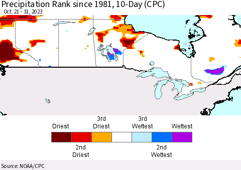 Canada Precipitation Rank since 1981, 10-Day (CPC) Thematic Map For 10/21/2023 - 10/31/2023