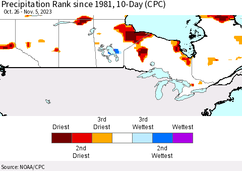Canada Precipitation Rank since 1981, 10-Day (CPC) Thematic Map For 10/26/2023 - 11/5/2023