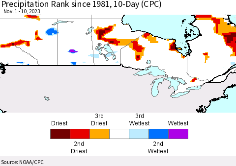 Canada Precipitation Rank since 1981, 10-Day (CPC) Thematic Map For 11/1/2023 - 11/10/2023
