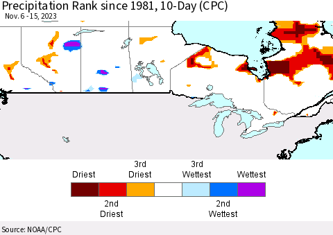 Canada Precipitation Rank since 1981, 10-Day (CPC) Thematic Map For 11/6/2023 - 11/15/2023