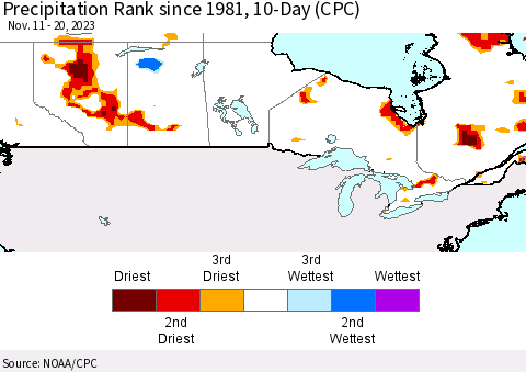 Canada Precipitation Rank since 1981, 10-Day (CPC) Thematic Map For 11/11/2023 - 11/20/2023