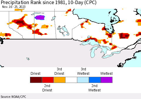 Canada Precipitation Rank since 1981, 10-Day (CPC) Thematic Map For 11/16/2023 - 11/25/2023