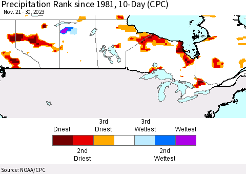 Canada Precipitation Rank since 1981, 10-Day (CPC) Thematic Map For 11/21/2023 - 11/30/2023