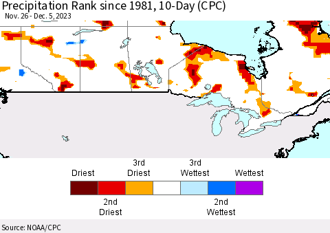 Canada Precipitation Rank since 1981, 10-Day (CPC) Thematic Map For 11/26/2023 - 12/5/2023