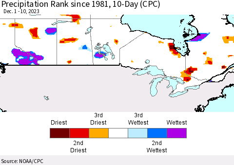 Canada Precipitation Rank since 1981, 10-Day (CPC) Thematic Map For 12/1/2023 - 12/10/2023