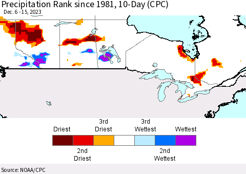 Canada Precipitation Rank since 1981, 10-Day (CPC) Thematic Map For 12/6/2023 - 12/15/2023