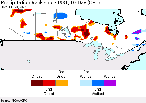 Canada Precipitation Rank since 1981, 10-Day (CPC) Thematic Map For 12/11/2023 - 12/20/2023