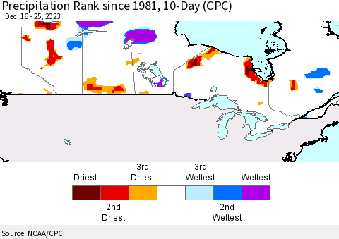 Canada Precipitation Rank since 1981, 10-Day (CPC) Thematic Map For 12/16/2023 - 12/25/2023