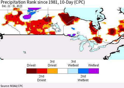 Canada Precipitation Rank since 1981, 10-Day (CPC) Thematic Map For 12/21/2023 - 12/31/2023