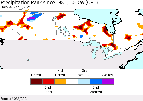 Canada Precipitation Rank since 1981, 10-Day (CPC) Thematic Map For 12/26/2023 - 1/5/2024