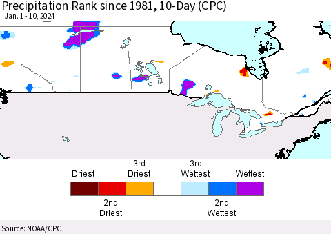 Canada Precipitation Rank since 1981, 10-Day (CPC) Thematic Map For 1/1/2024 - 1/10/2024
