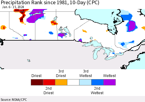 Canada Precipitation Rank since 1981, 10-Day (CPC) Thematic Map For 1/6/2024 - 1/15/2024