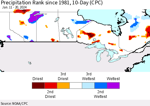 Canada Precipitation Rank since 1981, 10-Day (CPC) Thematic Map For 1/11/2024 - 1/20/2024