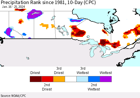Canada Precipitation Rank since 1981, 10-Day (CPC) Thematic Map For 1/16/2024 - 1/25/2024