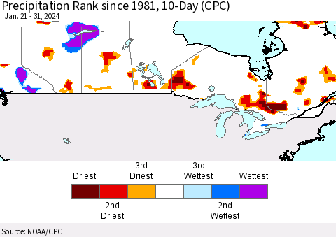 Canada Precipitation Rank since 1981, 10-Day (CPC) Thematic Map For 1/21/2024 - 1/31/2024