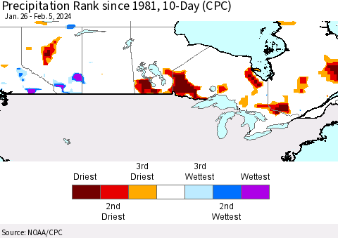 Canada Precipitation Rank since 1981, 10-Day (CPC) Thematic Map For 1/26/2024 - 2/5/2024