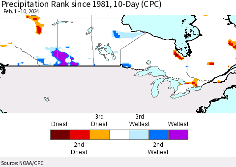 Canada Precipitation Rank since 1981, 10-Day (CPC) Thematic Map For 2/1/2024 - 2/10/2024