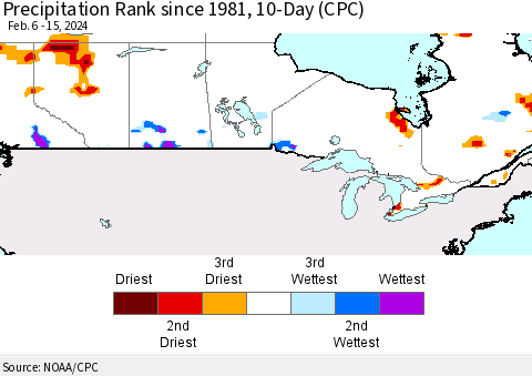 Canada Precipitation Rank since 1981, 10-Day (CPC) Thematic Map For 2/6/2024 - 2/15/2024