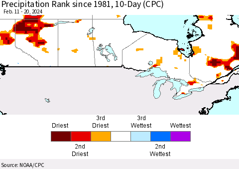 Canada Precipitation Rank since 1981, 10-Day (CPC) Thematic Map For 2/11/2024 - 2/20/2024