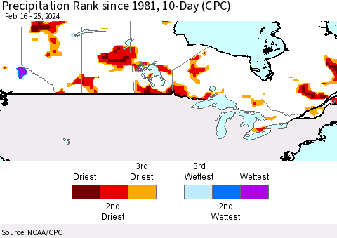Canada Precipitation Rank since 1981, 10-Day (CPC) Thematic Map For 2/16/2024 - 2/25/2024