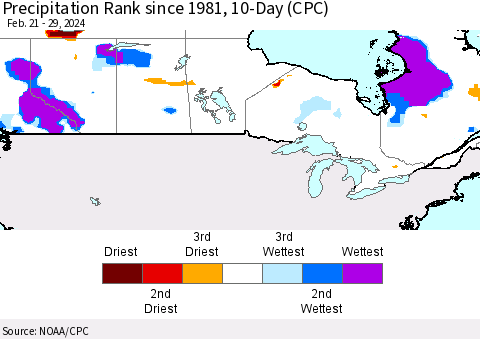 Canada Precipitation Rank since 1981, 10-Day (CPC) Thematic Map For 2/21/2024 - 2/29/2024