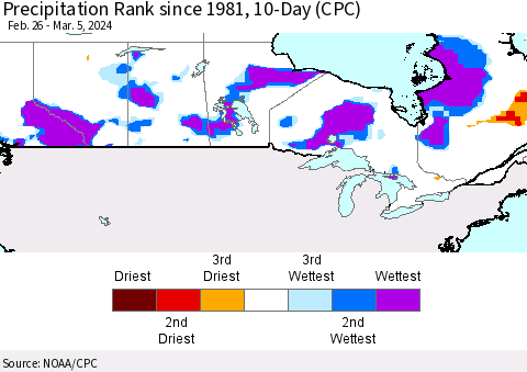 Canada Precipitation Rank since 1981, 10-Day (CPC) Thematic Map For 2/26/2024 - 3/5/2024