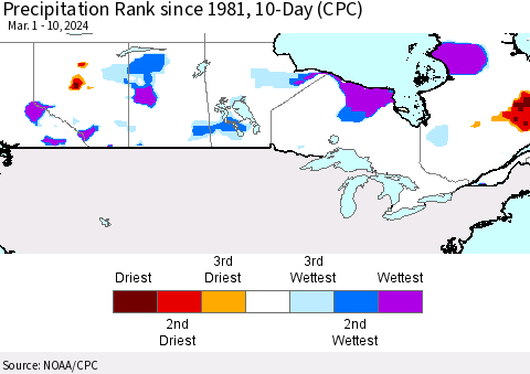 Canada Precipitation Rank since 1981, 10-Day (CPC) Thematic Map For 3/1/2024 - 3/10/2024