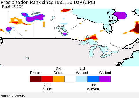 Canada Precipitation Rank since 1981, 10-Day (CPC) Thematic Map For 3/6/2024 - 3/15/2024
