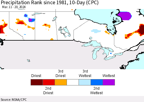 Canada Precipitation Rank since 1981, 10-Day (CPC) Thematic Map For 3/11/2024 - 3/20/2024