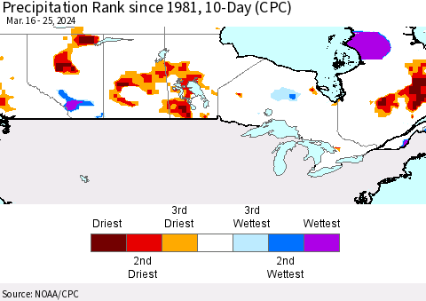 Canada Precipitation Rank since 1981, 10-Day (CPC) Thematic Map For 3/16/2024 - 3/25/2024