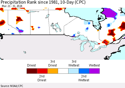 Canada Precipitation Rank since 1981, 10-Day (CPC) Thematic Map For 3/21/2024 - 3/31/2024