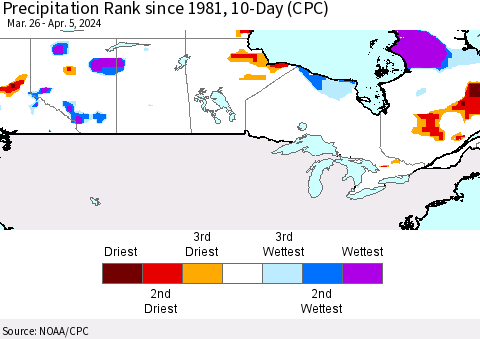 Canada Precipitation Rank since 1981, 10-Day (CPC) Thematic Map For 3/26/2024 - 4/5/2024