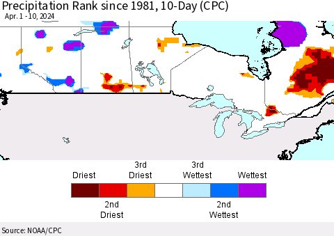 Canada Precipitation Rank since 1981, 10-Day (CPC) Thematic Map For 4/1/2024 - 4/10/2024
