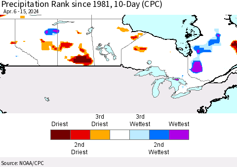 Canada Precipitation Rank since 1981, 10-Day (CPC) Thematic Map For 4/6/2024 - 4/15/2024