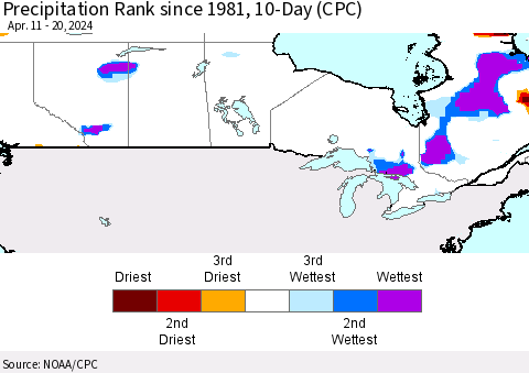 Canada Precipitation Rank since 1981, 10-Day (CPC) Thematic Map For 4/11/2024 - 4/20/2024