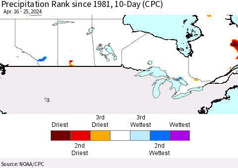 Canada Precipitation Rank since 1981, 10-Day (CPC) Thematic Map For 4/16/2024 - 4/25/2024